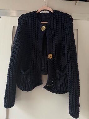 Zara Navy Chunky Knit Cardigan with Gold Buttons
